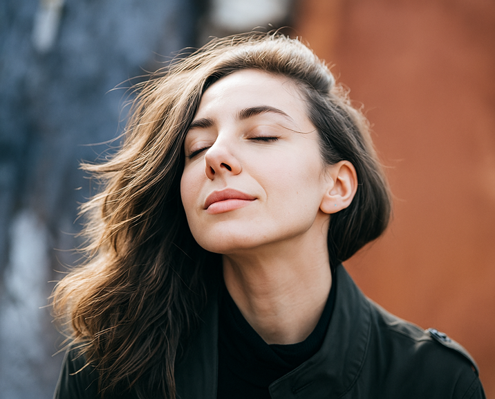 Femme avec les yeux fermés ressentant les bienfaits de la réduction du stress et des tensions émotionnelles - cabinet Terre de Shiatsu Lyon 5e