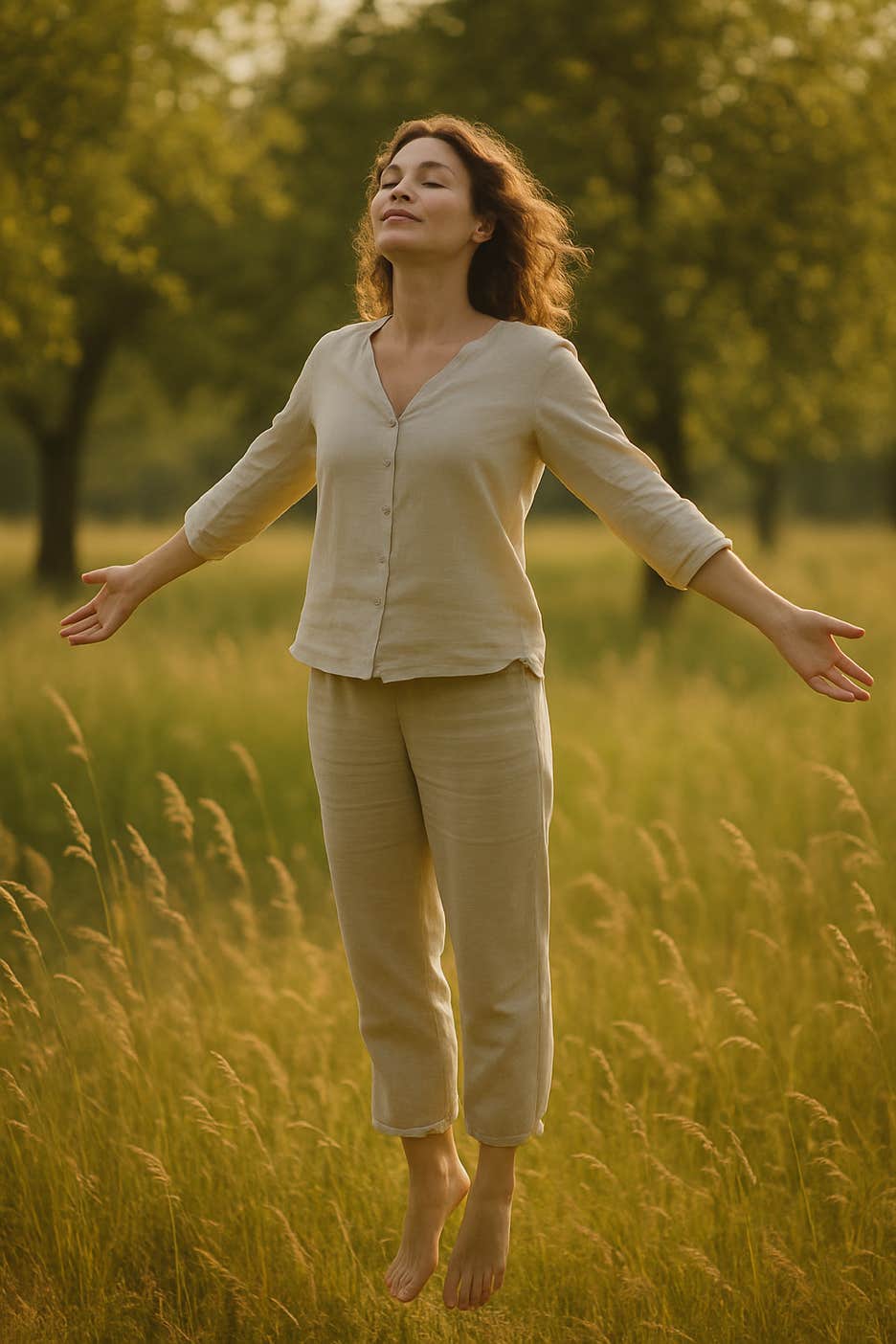 Femme dans un champ d'herbes hautes avec des arbres en fond lévitant les bras écartés, le visage vers le ciel, souriante avec les yeux fermés, illustrant la sensation de légèreté, la tranquilité d'esprit et la relaxation de la libération du péricarde - cabinet Terre de Shiatsu Lyon 5e
