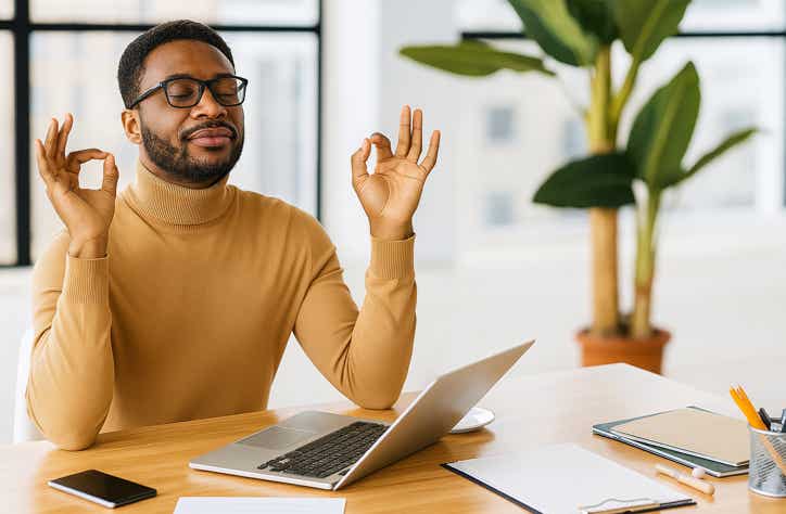 Homme détendu en posture de méditation au bureau, illustrant les bienfaits de la libération du péricarde pour soutenir le système nerveux et retrouver calme et clarté intérieure au cabinet Terre de Shiatsu Lyon 5e