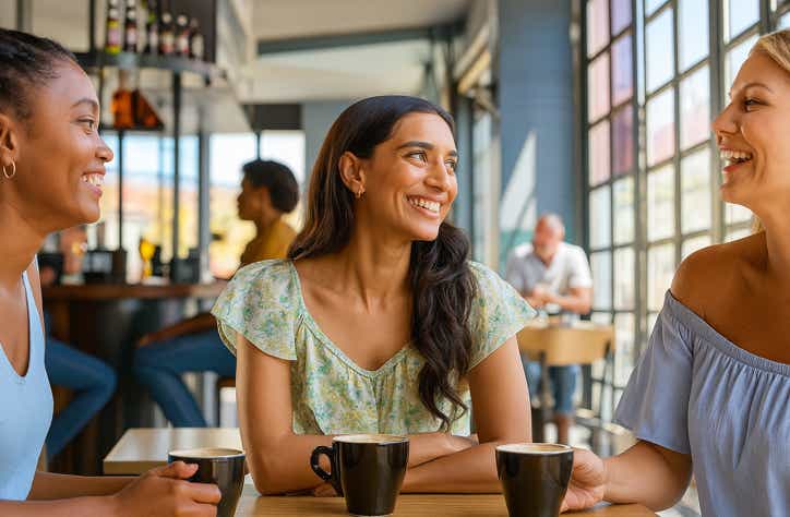 Trois femmes souriantes partageant un moment de connexion autour d’un café, illustrant les bienfaits de la libération du péricarde pour renouer avec soi et les autres au cabinet Terre de Shiatsu Lyon 5e