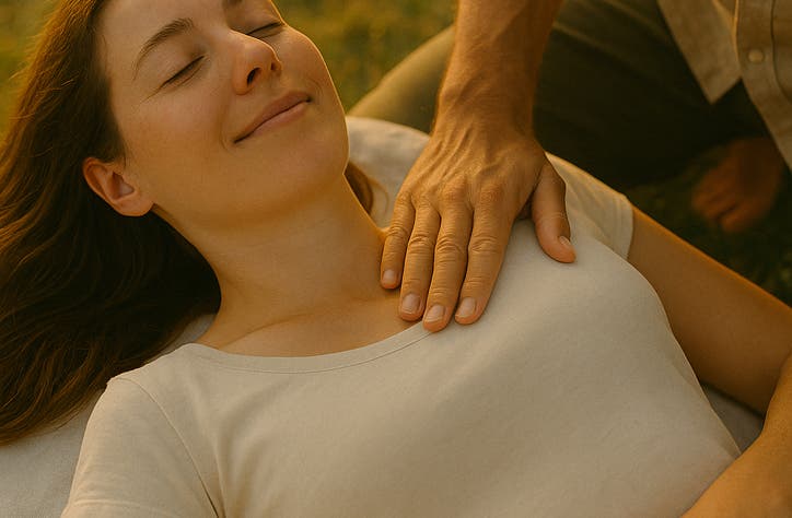 Séance de libération du péricarde au cabinet Terre de Shiatsu à Lyon 5e – femme détendue allongée, main posée sur le péricarde, thérapie corporelle pour soulager les tensions