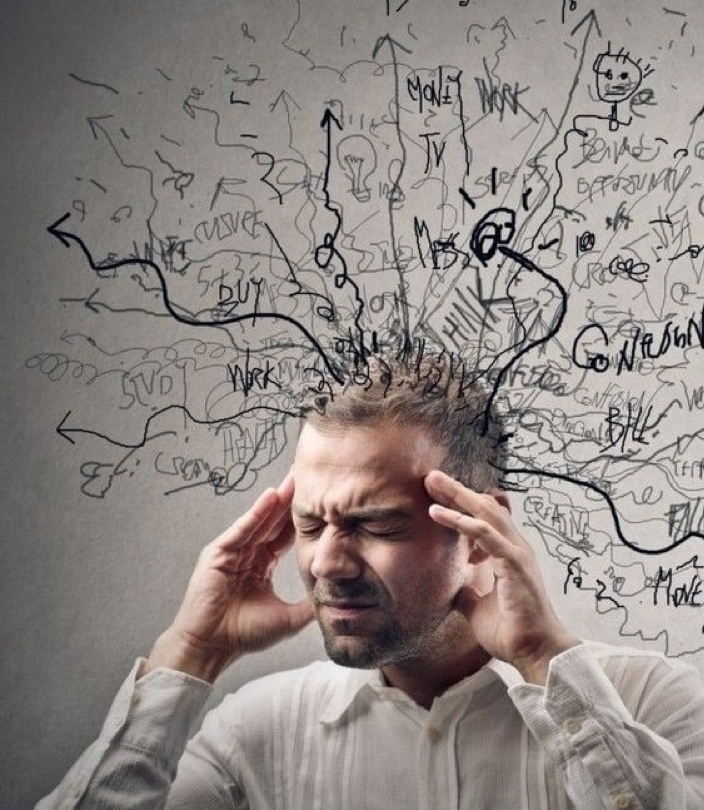 Homme stressé se tenant la tête, illustrant le tumulte mental et la surcharge de pensées liés au stress chronique, avec des lignes confuses et des mots désordonnés sortant de sa tête – symbole visuel du déséquilibre énergétique que le Shiatsu peut apaiser - Cabinet Terre de Shiatsu Lyon 5e