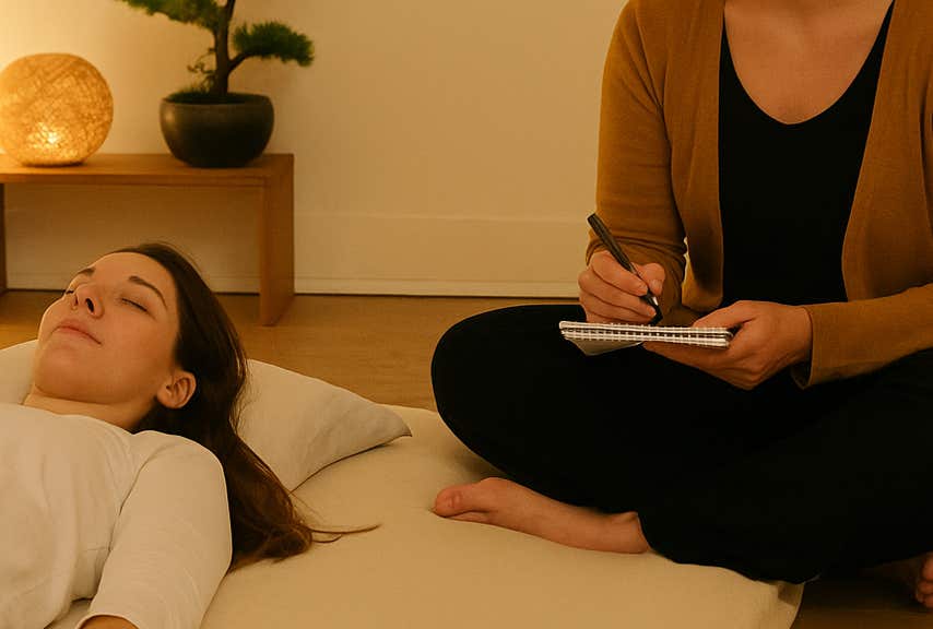 Praticien de shiatsu en consultation avec une cliente allongée sur futon – anamnèse dans une salle de massage à Lyon 5e, ambiance zen et apaisante au cabinet Terre de Shiatsu Lyon 5e