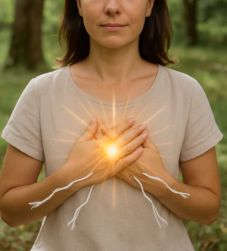 Une femme dans une forêt ayant les deux mains l'une sur l'autre au niveau du coeur d'où jaillit et rayonne une lumière et des filets blancs partant vers le bas illustrant l'énergie libérée par la libération du péricarde au cabinet Terre de Shiatsu Lyon 5e