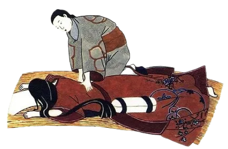 Dessin d'un praticien shiatsu pratiquant un massage du dos d'une femme sur futon de paille