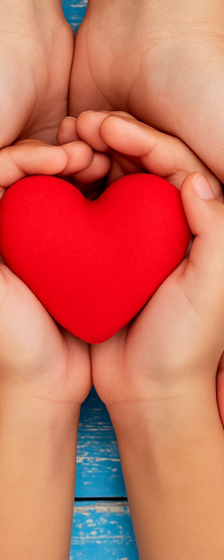 des mains d'adulte soutenant des mains d'enfant dans lesquelles se trouve un coeur 