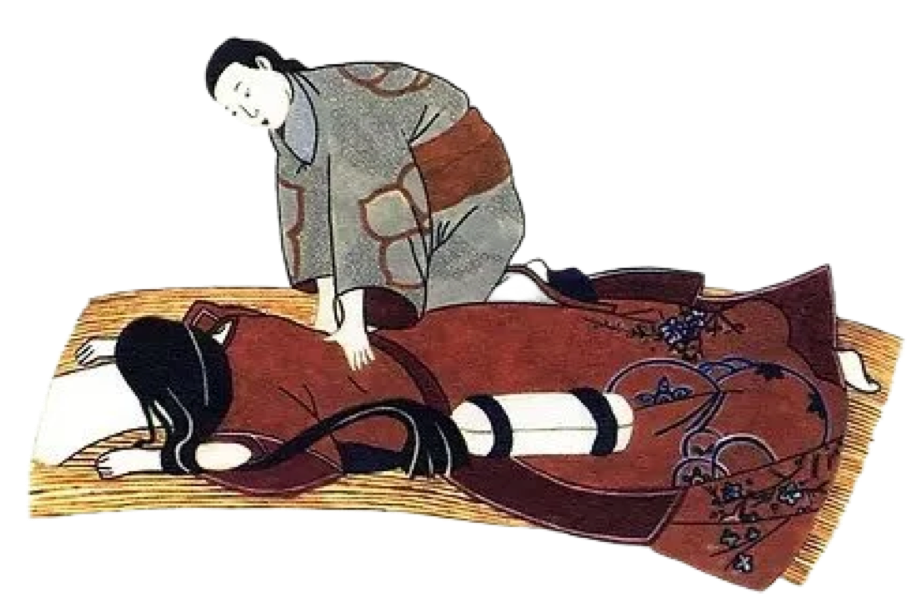 Dessin d'un praticien shiatsu pratiquant un massage du dos d'une femme sur futon de paille