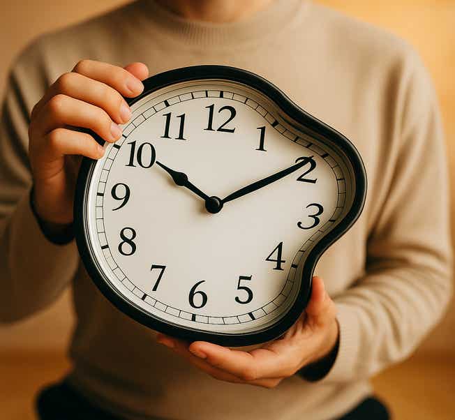 une personne tenant une horloge ronde déformée pour illustrer la notion de flexibilité des horaires de location au cabinet Terre de Shiatsu Lyon 5e