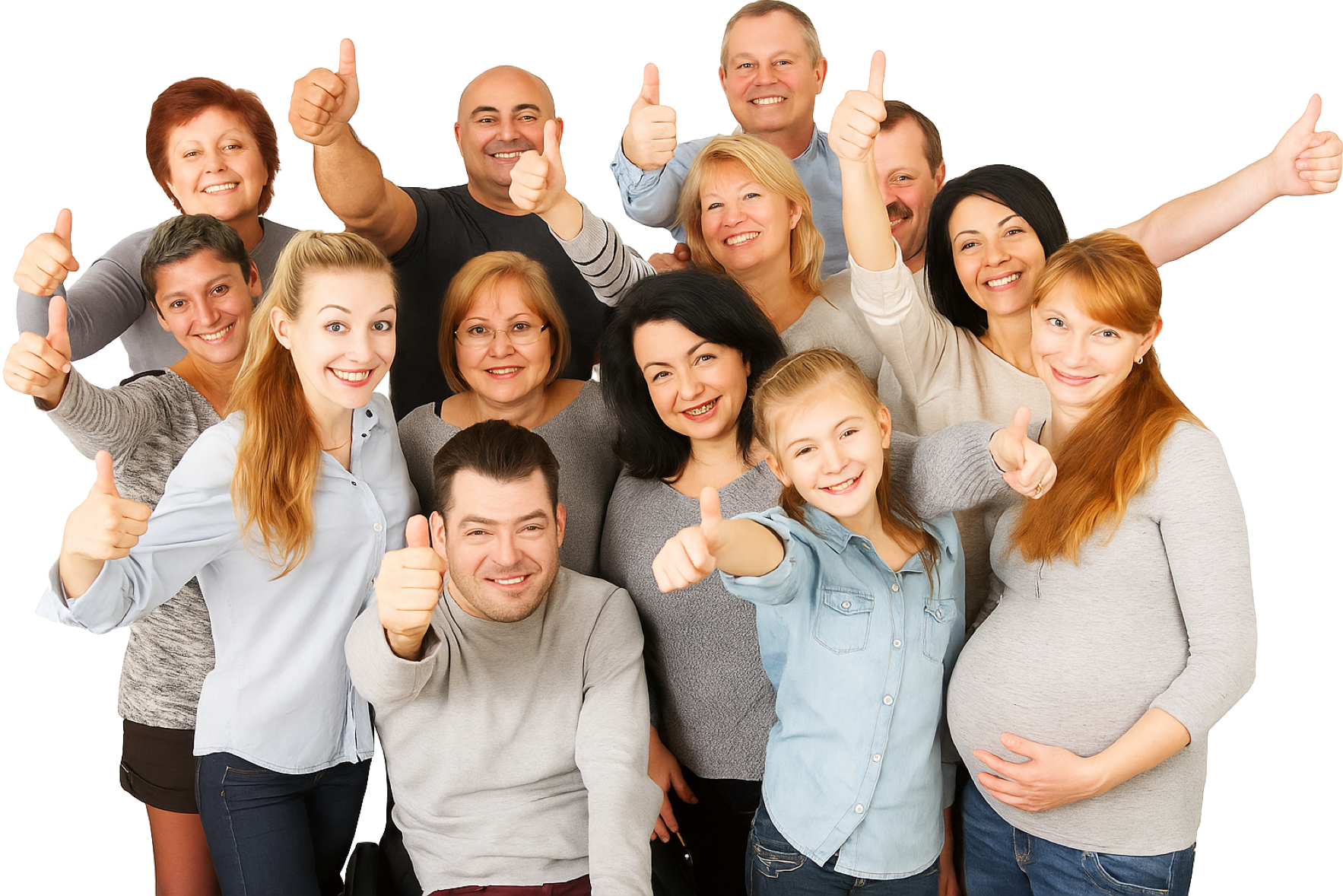 Groupe de personne de tout âge et de toute situation souriant et faisant un pouce en l'air avec une main pour symboliser les bienfaits du shiatsu au cabinet terre de shiatsu lyon